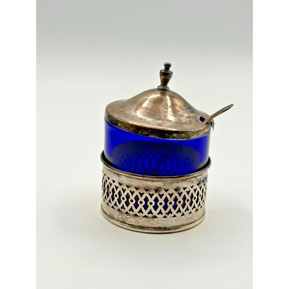 Webster Sterling Silver Cobalt Glass Mustard Pot w/ Spoon Vintage